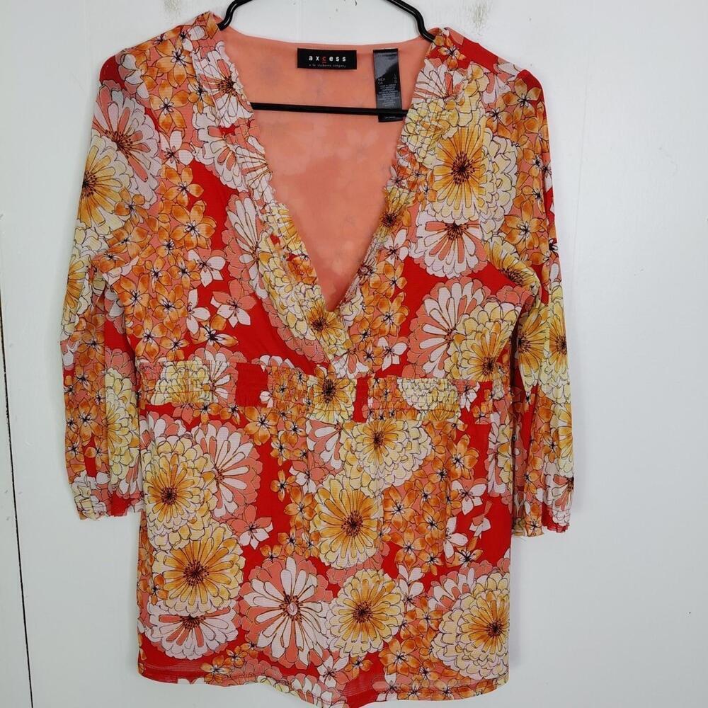 Axcess Top Womens Large Colorful Florals Babydoll Retro 70s Hippie Smocked Waist